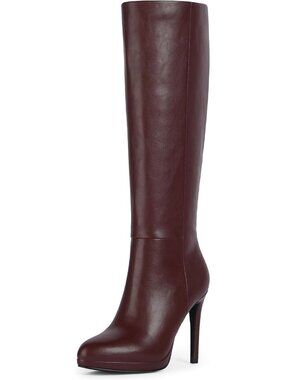 Women's Burgundy Round Toe Stiletto Heels Fall Tall Platforms Boots Side Zipper